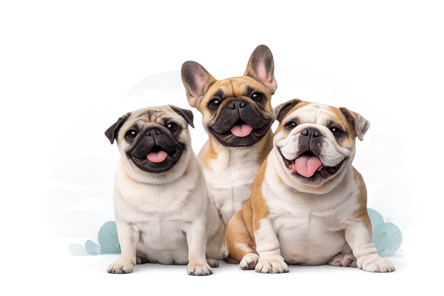 Three smiling flat-faced dogs